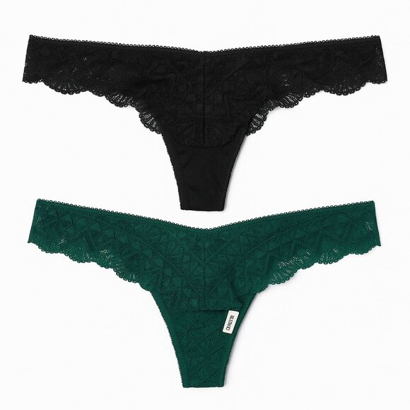 Etam French Lace Thongs Black & Green Size M (2 Pack) - Picture 1 of 7